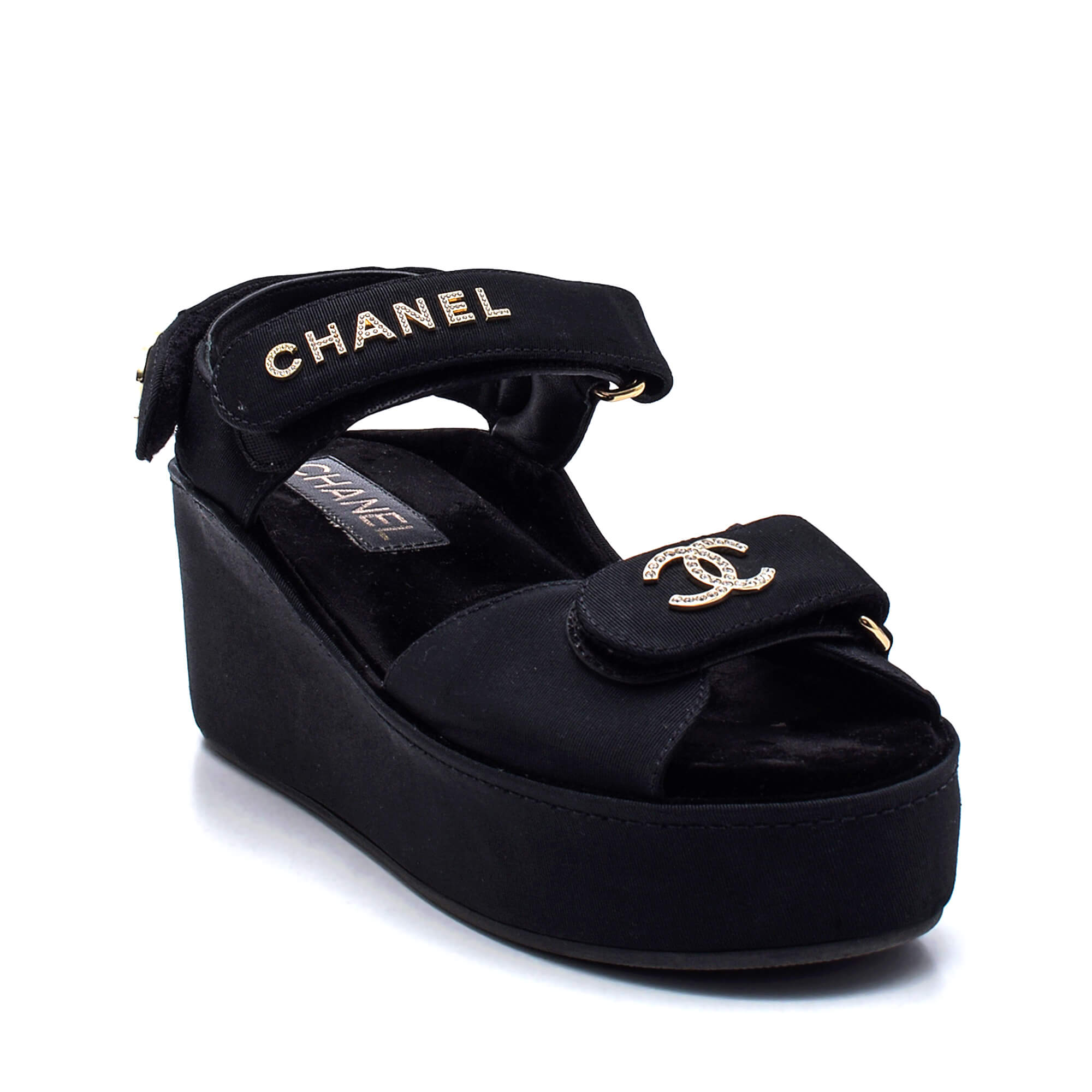 Chanel - Black Canvas Crystal Chanel and CC Logo Strap Wedge Sandals